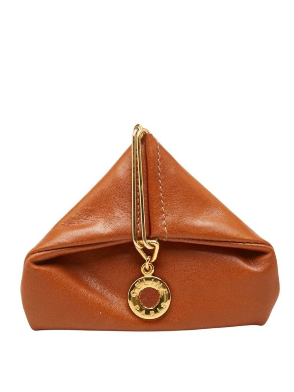 Celine Vintage Coin Purse Triangle Brown Gold Leather
